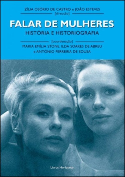 Capa do livro Falar de Mulheres com foto de duas mulheres e texto em azul e branco