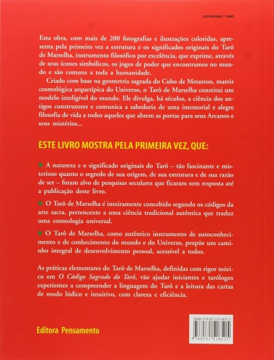 Contracapa de livro vermelho com texto sobre o Tarô de Marselha e código de barras