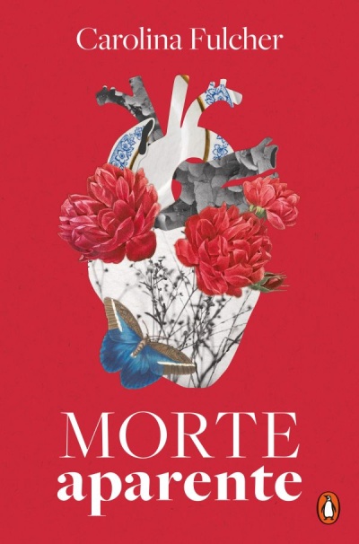 Capa do livro Morte Aparente com coração artístico e flores sobre fundo vermelho.