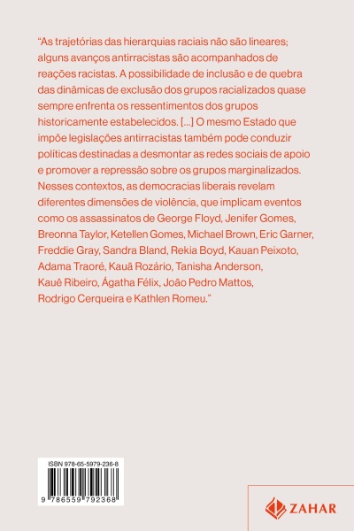 Contracapa de livro com texto em português, código de barras e logótipo ZAHAR.