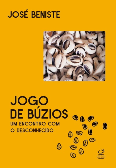 Capa de livro amarelo com texto e imagens de búzios