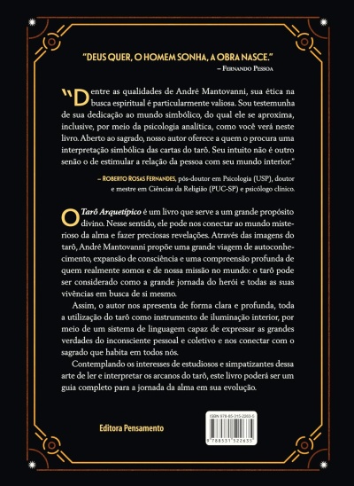 Capa traseira de livro preta com texto em branco e amarelo e moldura laranja.