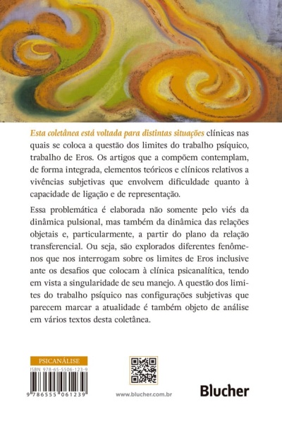 Contracapa de livro com arte abstrata em amarelo, laranja e verde, texto explicativo, código de barras e logo Blucher.