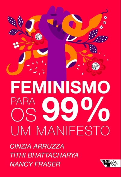Capa de livro Feminismo para os 99% em fundo vermelho com punho roxo e elementos decorativos coloridos