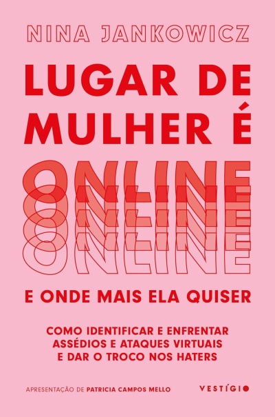 Capa de livro rosa com texto vermelho sobre assédios virtuais