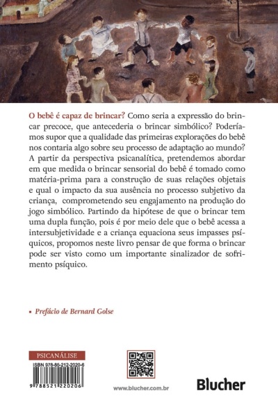 Parte traseira de um livro com texto, código ISBN, QR code e ilustração de crianças brincando
