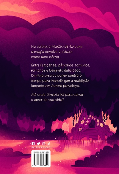 Ilustração colorida em roxo e rosa com casa na floresta e texto em português