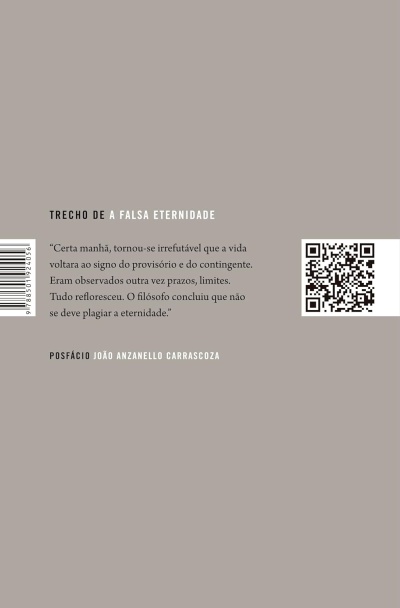 Contracapa de livro com trecho de texto, código QR e código de barras