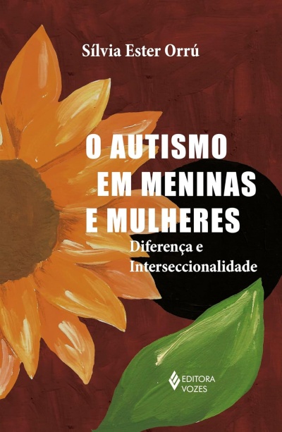 Capa de livro sobre autismo em meninas e mulheres com ilustração de flor grande amarela e verde