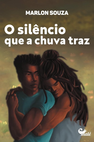 Capa do livro O silêncio que a chuva traz com ilustração de casal abraçado e texto