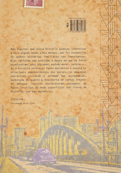 Verso de livro envelhecido com texto em português e ilustração urbana amarela e cinzenta