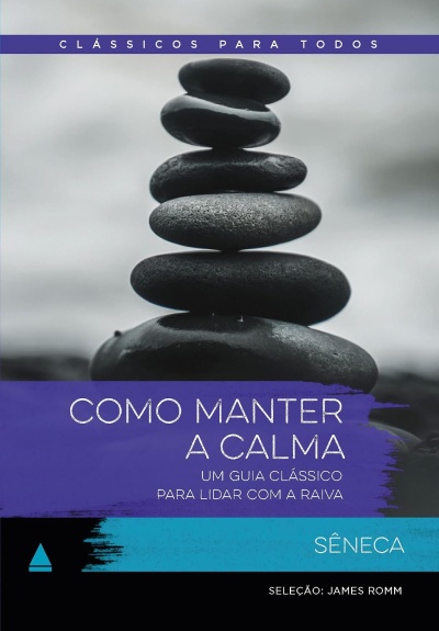 Capa do livro Como Manter a Calma com pedras pretas empilhadas e texto em faixas coloridas