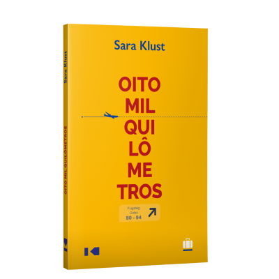 Livro amarelo com texto vermelho e azul e desenho de avião