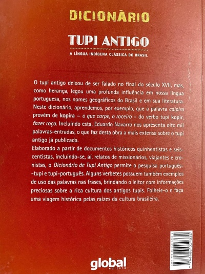Capa traseira de livro vermelho com texto branco e amarelo sobre Tupi Antigo da editora global.