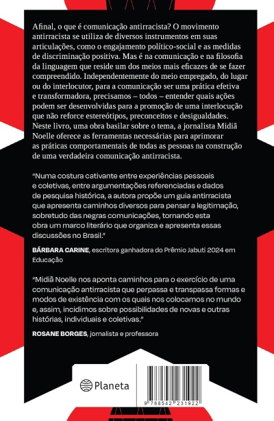 Contracapa de livro com texto sobre comunicação antirracista, fundo preto, grafismos vermelhos e brancos, código de barras e logo Planeta