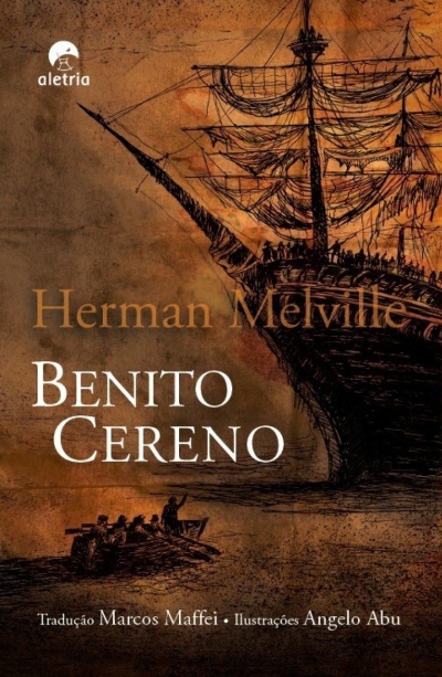 Capa de livro com ilustração de navio e texto Benito Cereno de Herman Melville