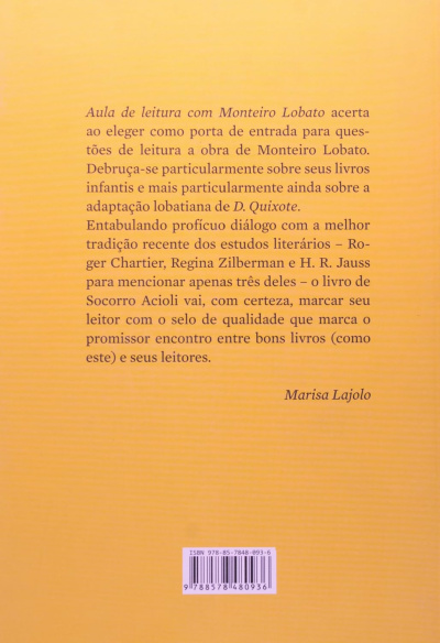 Capa traseira de livro amarelo com texto em português e código de barras.