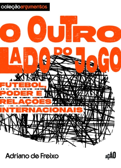 Capa de livro O Outro Lado do Jogo com texto laranja e preto e elementos gráficos abstratos.