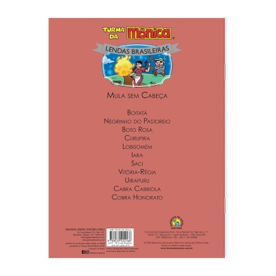 Capa traseira de livro Turma da Mônica Lendas Brasileiras com lista de lendas e imagem de personagens crianças em ilustração colorida