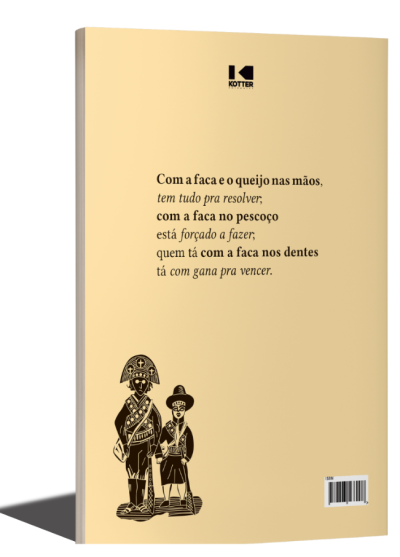 Capa traseira de livro bege com texto e ilustração preta.