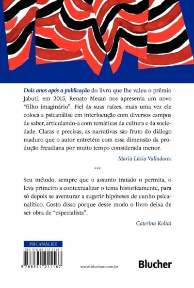 Contracapa de livro com padrões vermelhos, pretos e brancos e texto em português europeu