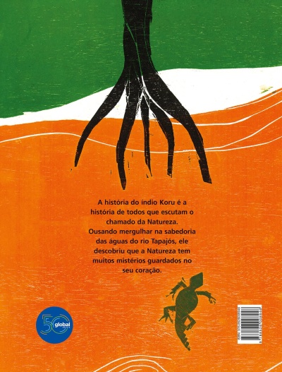 Capa traseira de livro com texto e arte colorida com raízes e sapo