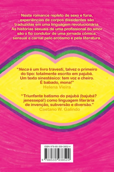 Contracapa do livro com texto em português em fundo rosa e amarelo, incluindo ISBN e código de barras.