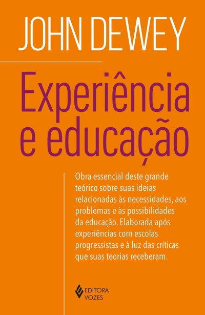 Capa de livro Experiência e educação de John Dewey com fundo laranja e texto branco e roxo