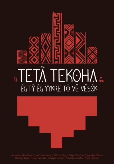 Padrão gráfico vermelho e preto com texto artístico TETÃ TEKOHA ÉG TỲ É YYKRE TÓ VẼ VẼSÓK