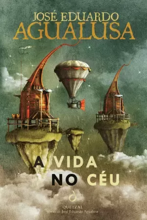 Capa de livro com casas flutuantes, balão e texto do título e autor.