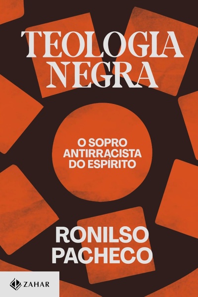 Capa de livro Teologia Negra com texto em branco sobre fundo laranja e preto