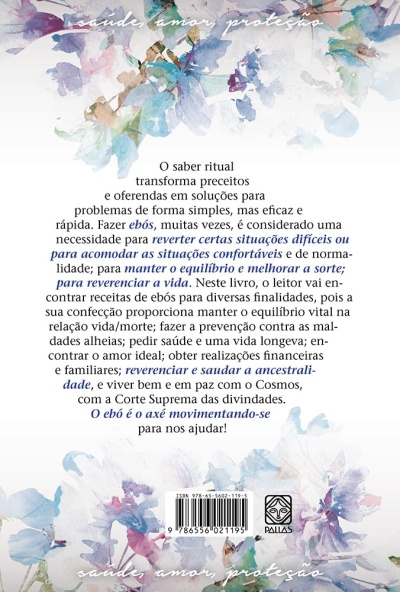 Contracapa de livro com texto explicativo e fundo floral colorido