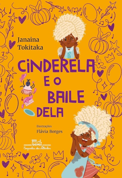 Capa de livro infantil laranja com ilustrações e texto em roxo e preto