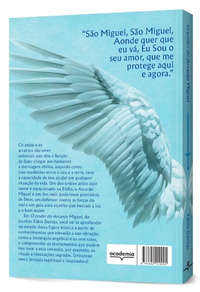 Contracapa de livro azul claro com asa de anjo e texto em português sobre arcanjos
