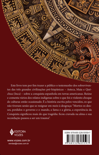 Contracapa de livro vermelha com calendário asteca dourado e texto em português sobre pré-hispânicos