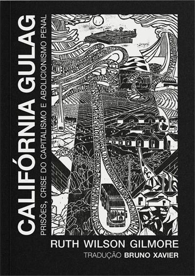 Capa preta de livro com ilustração monocromática e texto vertical e horizontal em branco