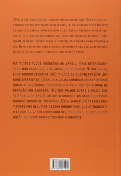 Contracapa de livro laranja com texto em português sobre povos indígenas e código de barras.