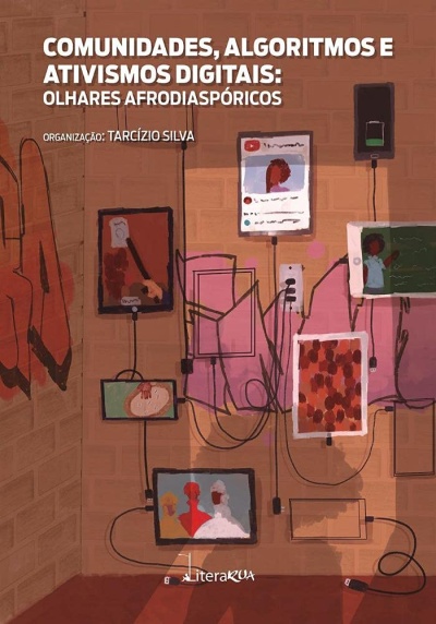 Capa de livro com texto sobre comunidades digitais e imagens estilizadas de dispositivos eletrónicos