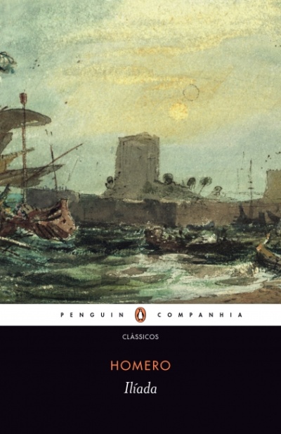Capa do livro Ilíada de Homero com ilustração de barcos no mar ao pôr do sol