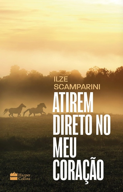 Capa de livro com cavalos a correr num campo com céu dourado e texto do título e autor