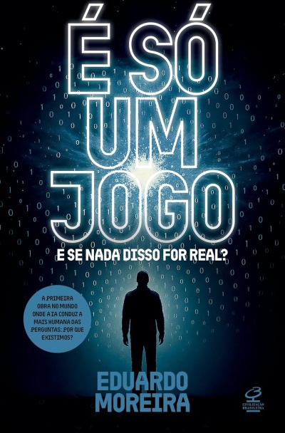 Capa de livro com texto É SÓ UM JOGO e silhueta de pessoa em fundo azul escuro.