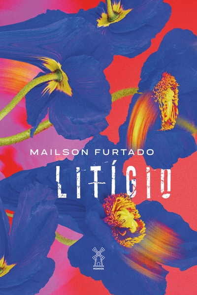 Capa de livro com flores azuis e título Litígio