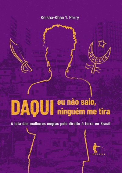 Capa de livro roxa com silhueta amarela e texto em amarelo e branco