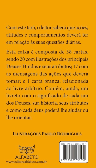 Parte traseira da embalagem do baralho de tarô com texto explicativo e código de barras