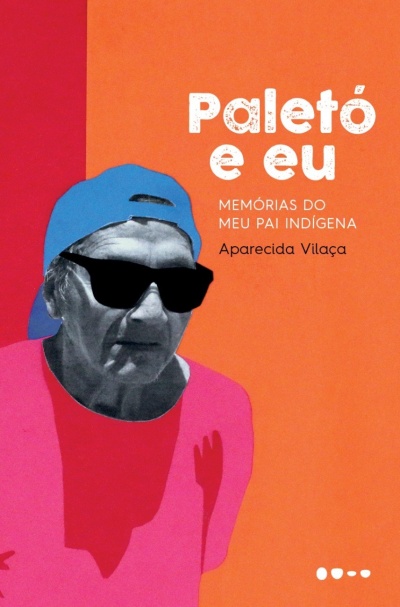 Capa de livro com imagem de idoso com boné azul e óculos escuros em fundo laranja e vermelho