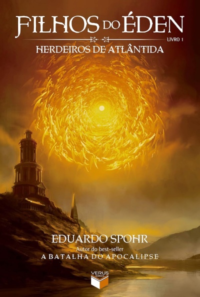 Capa do livro FILHOS DO ÉDEN com formação circular luminosa no céu e paisagem com edifício antigo junto a rio