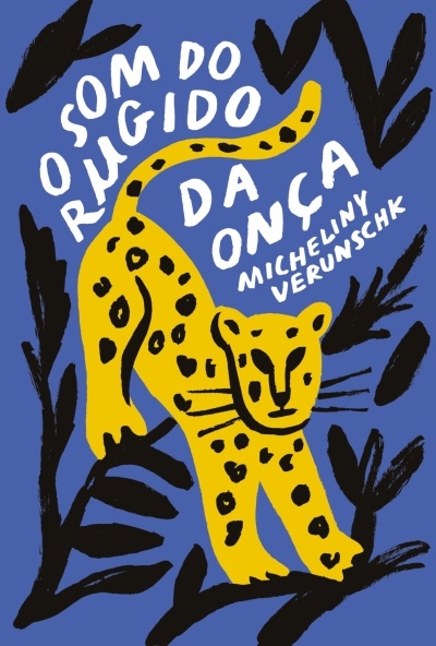 Ilustração de onça amarela com manchas pretas e texto branco em fundo azul.