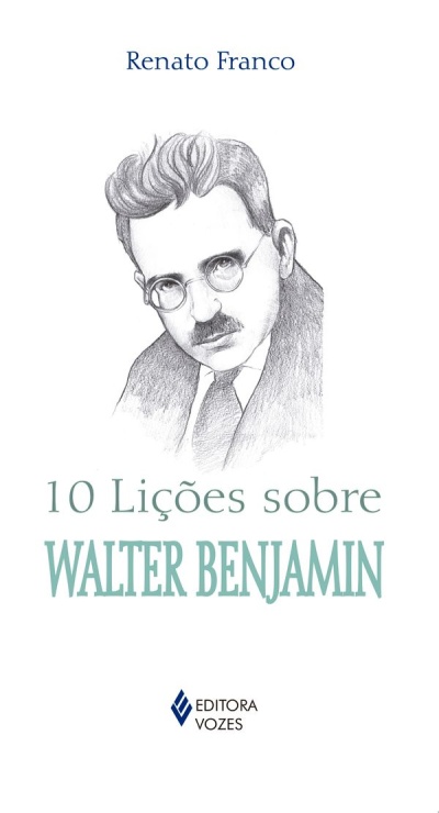 Capa de livro com retrato a lápis e texto sobre Walter Benjamin