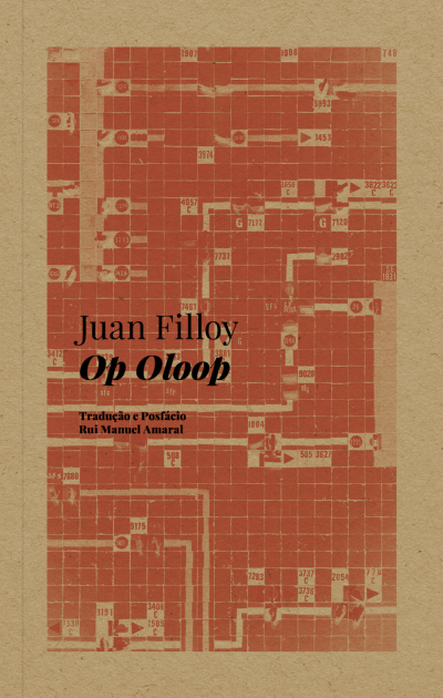 Capa de livro com design geométrico vermelho e título Juan Filloy Op Oloop.