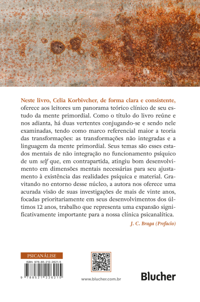 Contracapa de livro com textura enferrujada e texto em português da área de psicanálise